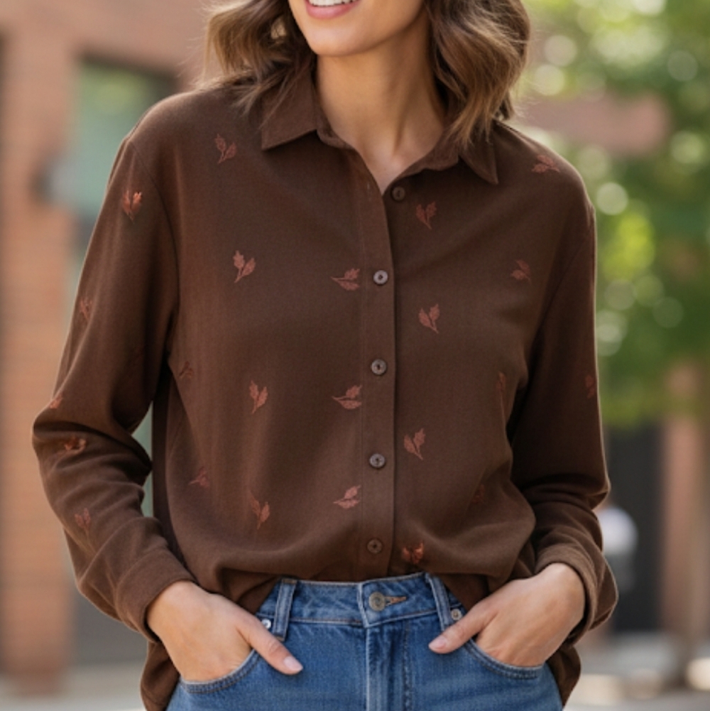 Vintage Faux Suede Long Sleeve Button-Up Shirt Women's Medium Embroidered Leaves